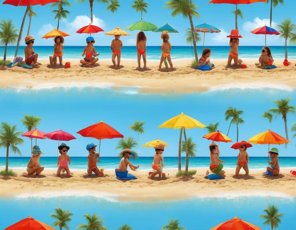 A vibrant beach scene filled with playful kids wearing trendy swimwear, splashing in the water, building sandcastles, and enjoying colorful beach accessories like hats and sunglasses. The background features a bright blue sky, palm trees, and beach umbrellas, capturing the essence of summer fun. Emphasize a lively atmosphere with cheerful expressions and colorful patterns. colorful and playful. super-realistic.