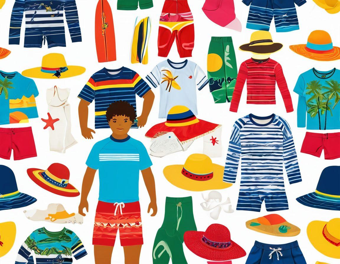 A collage of colorful beach attire showcasing fun swim trunks, stylish rash guards, and vibrant sun hats designed for young adventurers. The setting is a sunny beach with sparkling waves and playful kids building sandcastles. Include accessories like surfboards and beach towels to add to the lively atmosphere. Bright and playful colors to evoke a sense of joy and freedom. super-realistic. vibrant colors. white background.