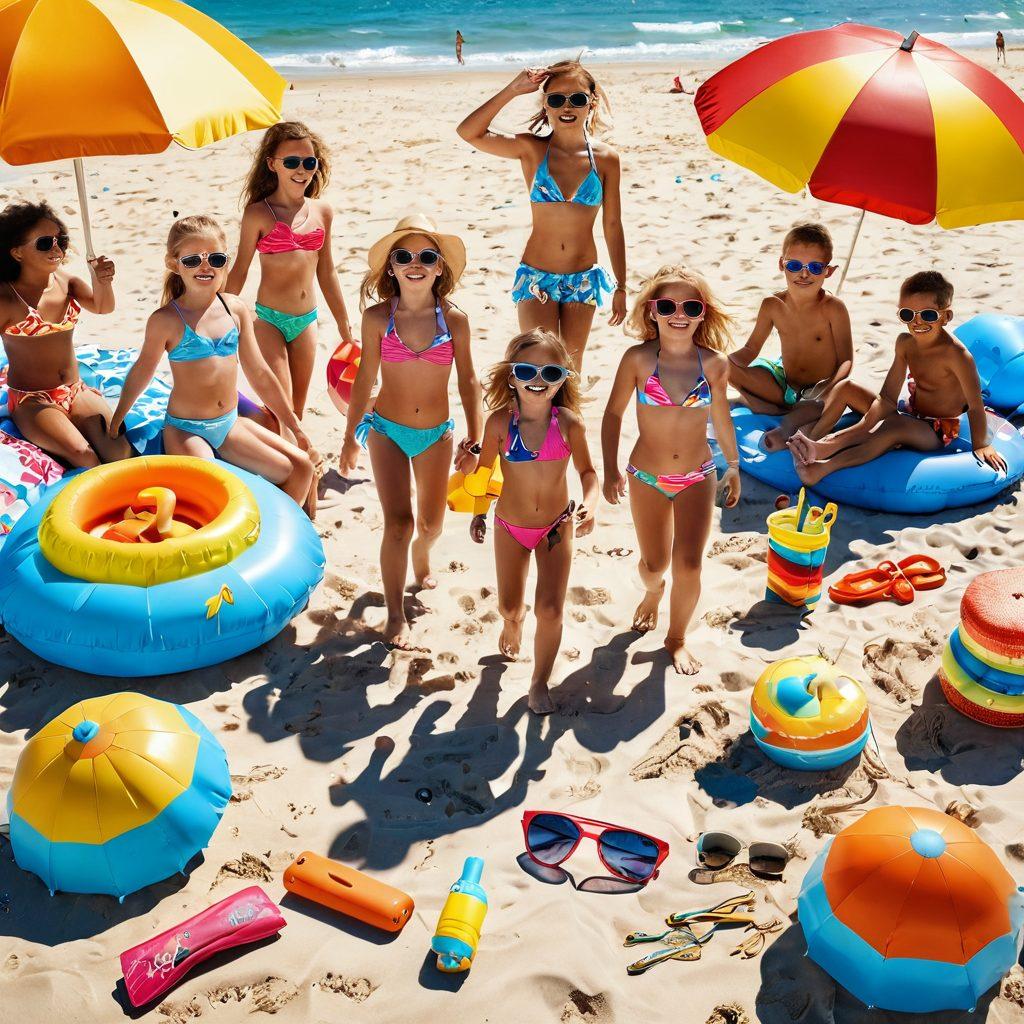 A vibrant summer scene featuring joyful kids playing on the beach, adorned in colorful bikinis and playful beach accessories like sunglasses, hats, and inflatable toys. The sun is shining brightly, with clear blue skies and soft sand underfoot, creating an inviting atmosphere. In the background, families are joyfully picnicking and beach umbrellas in various colors can be seen. The image should capture the essence of summer fun and excitement. super-realistic. vibrant colors. sunny atmosphere.